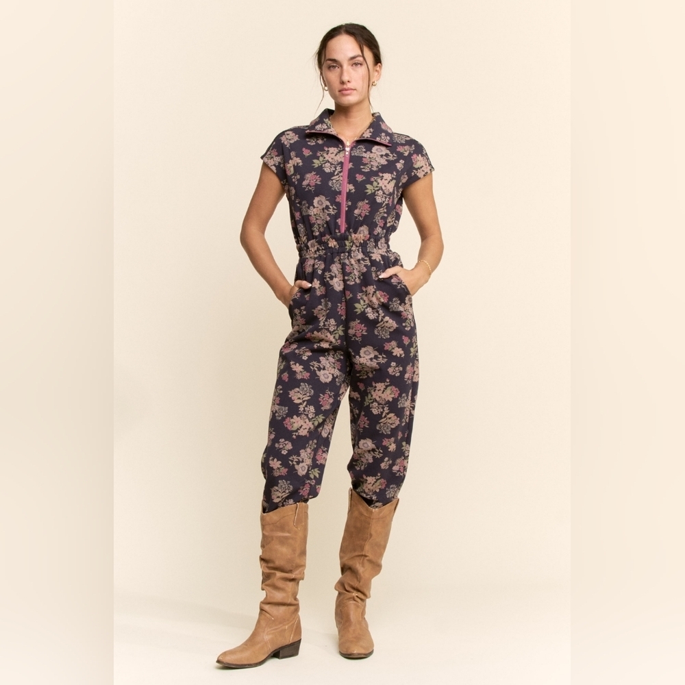 Davi & Dani Navy and Pink Floral Scuba Zipper-Front Mechanic Style Jumpsuit